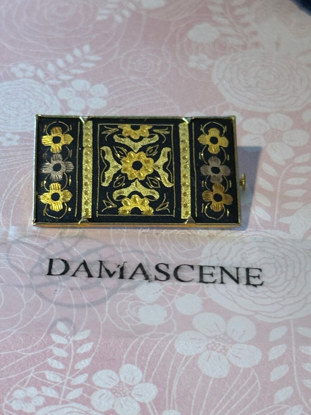 Vintage Rectangle Brooch Flowers Damascene 22k and 24k gold Foil and Wire Spain